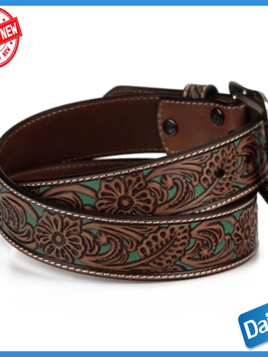 Genuine Leather Western Belt with Floral Overlay, Size Large main image 4